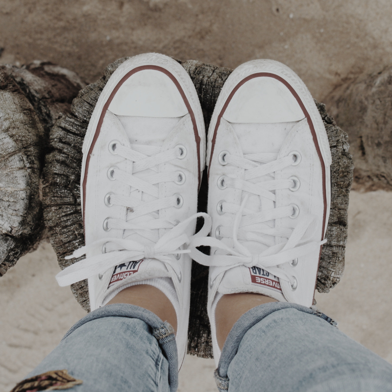 A bird-eye view of a pair of white converses.